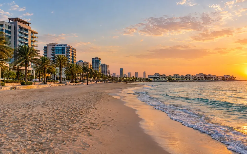 Ajman beach and corniche at sunset (illustration)