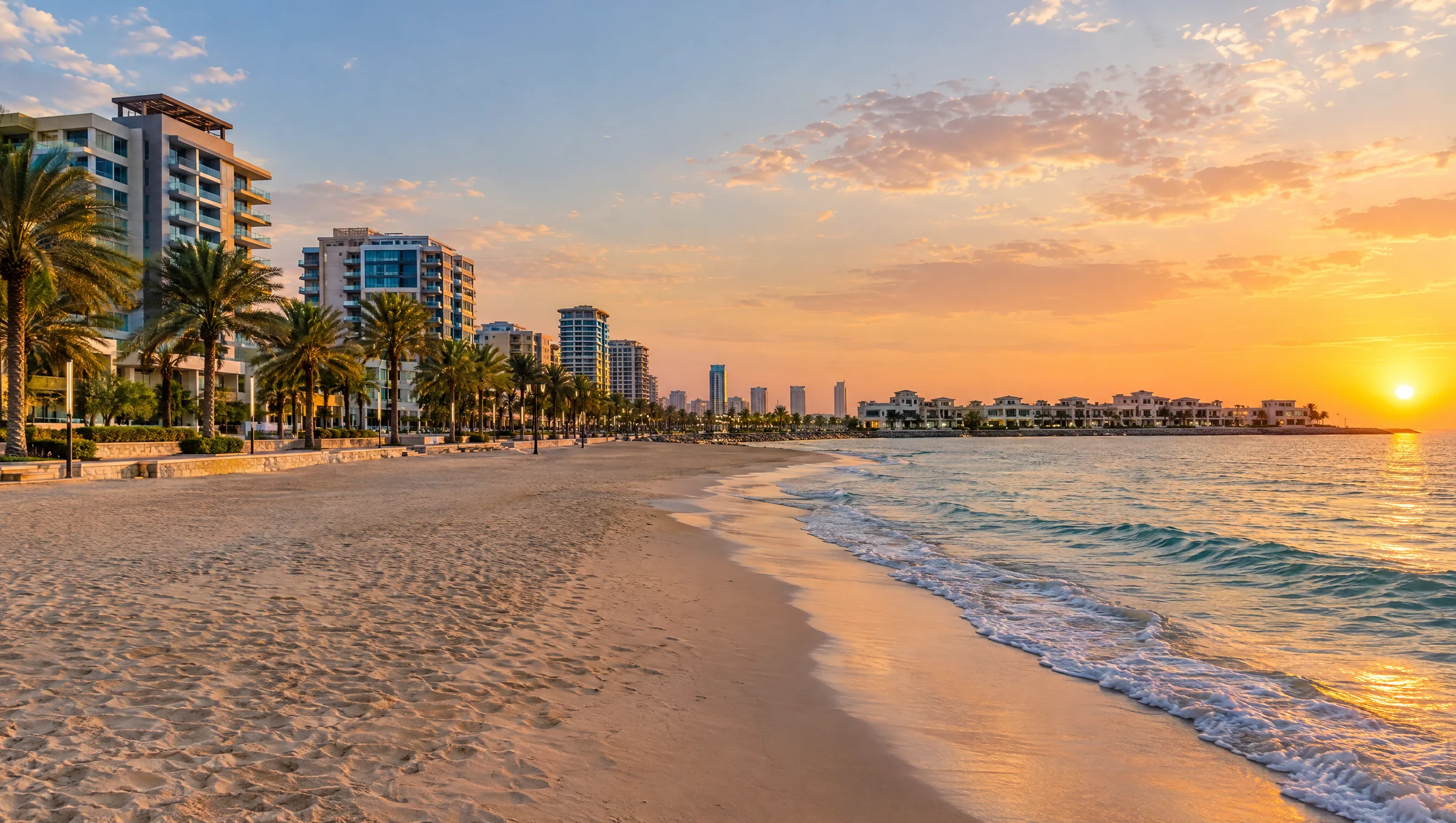 Ajman beach and corniche at sunset (illustration)