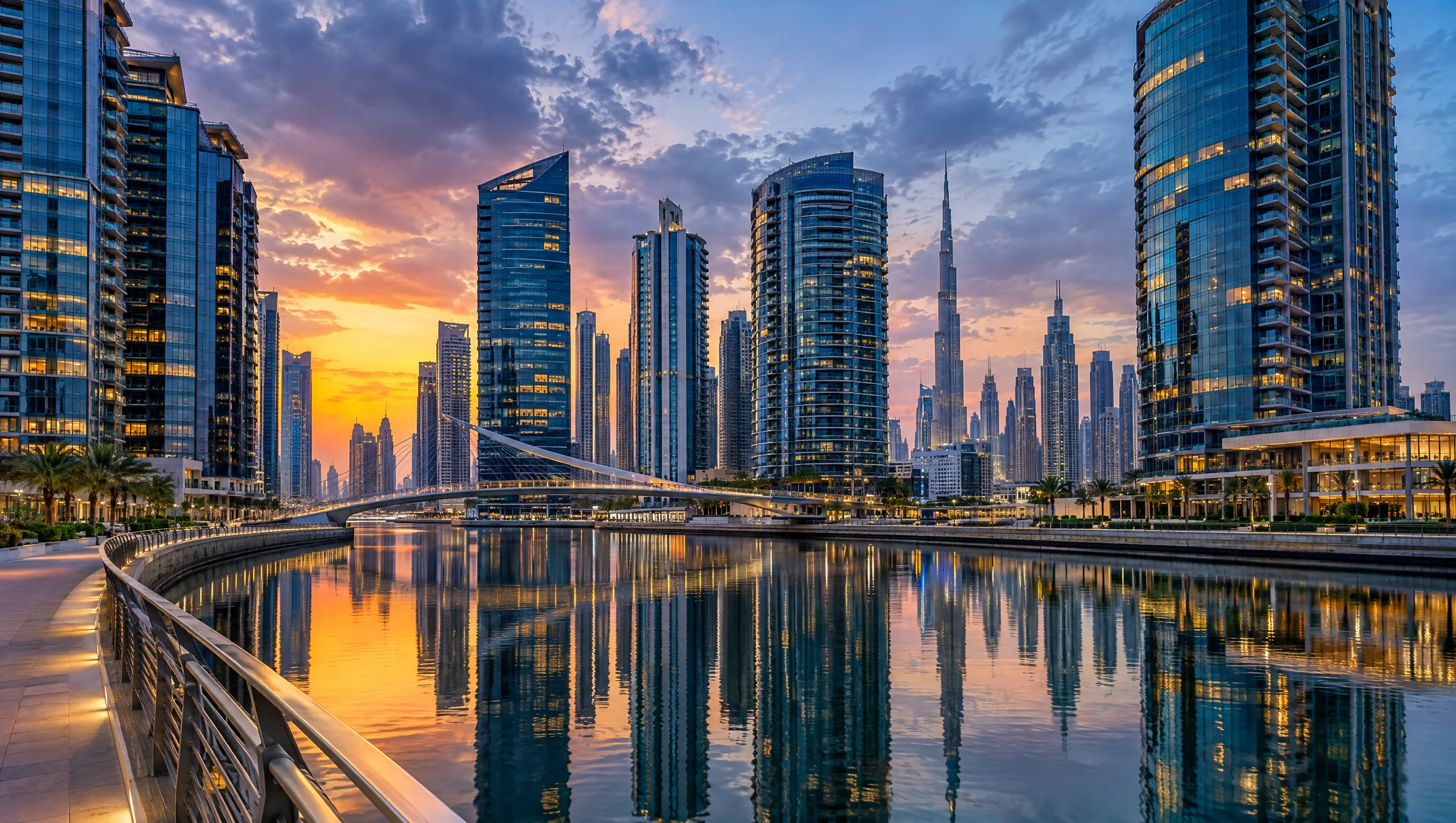 Business Bay towers reflected in the Dubai Water Canal at dusk (illustration)