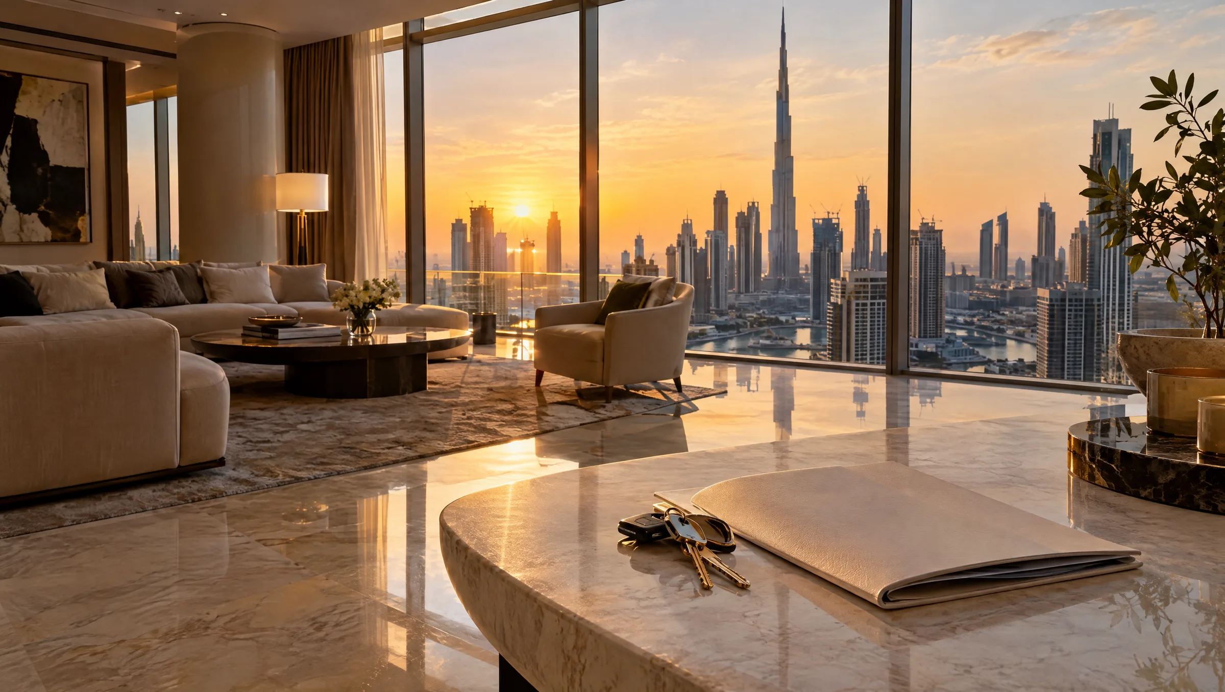 Keys and a signed document in a Dubai apartment at golden hour (illustration)