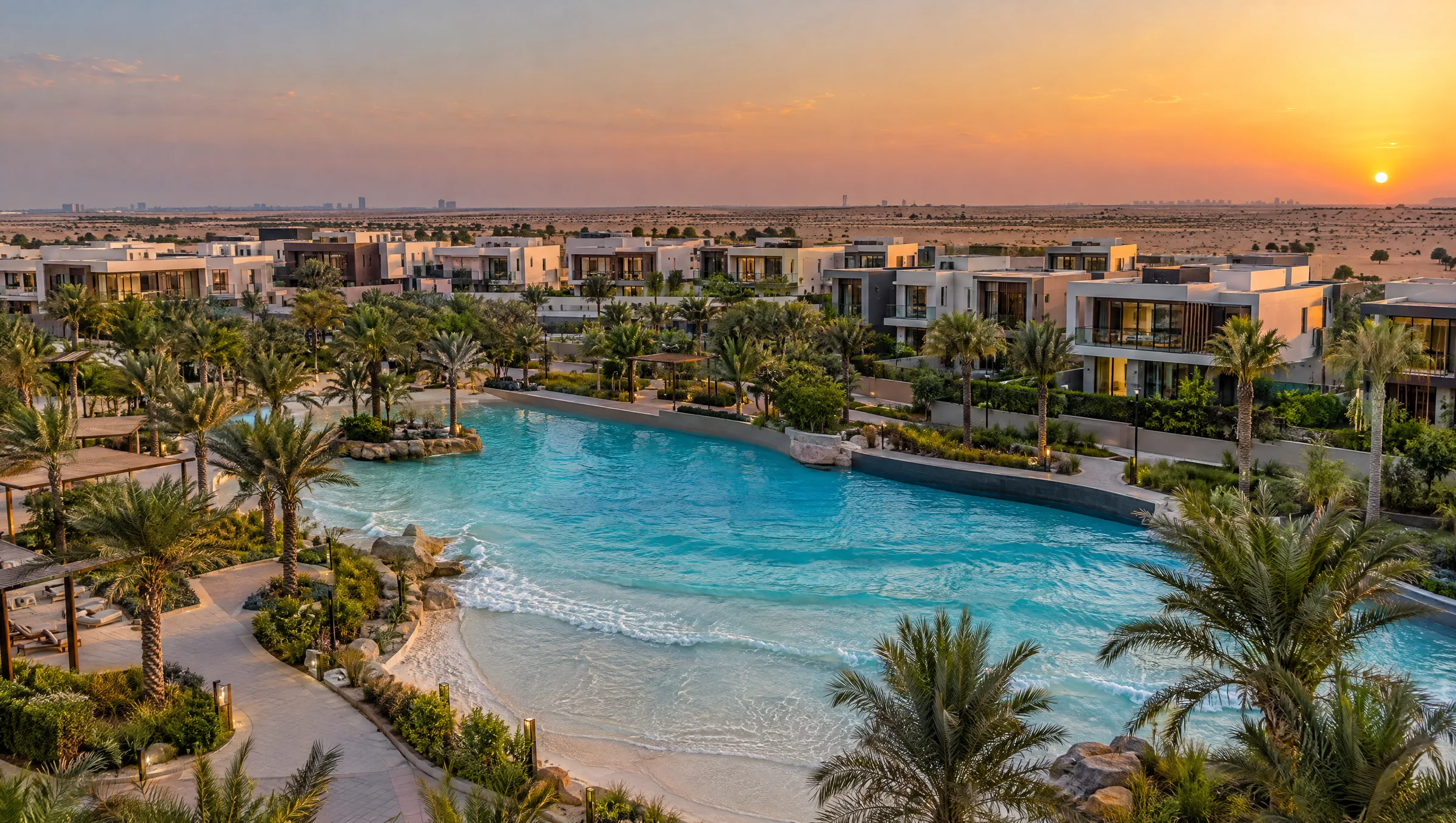Low-rise villas and townhouses beside a turquoise wave pool on the desert edge at dusk (illustration)