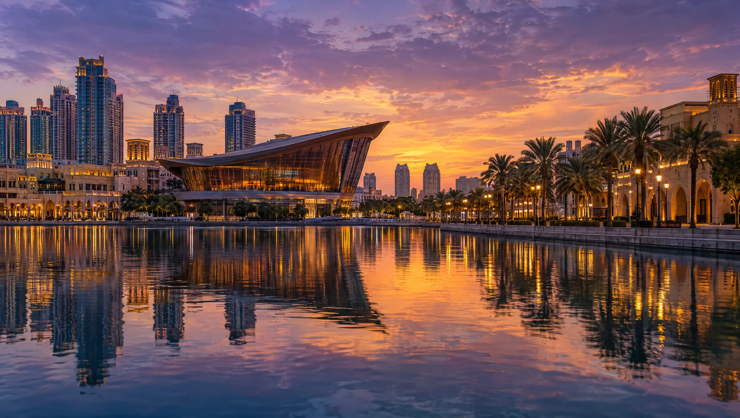 Dubai Opera and the fountain lake at dusk, seen from the Boulevard (illustration)