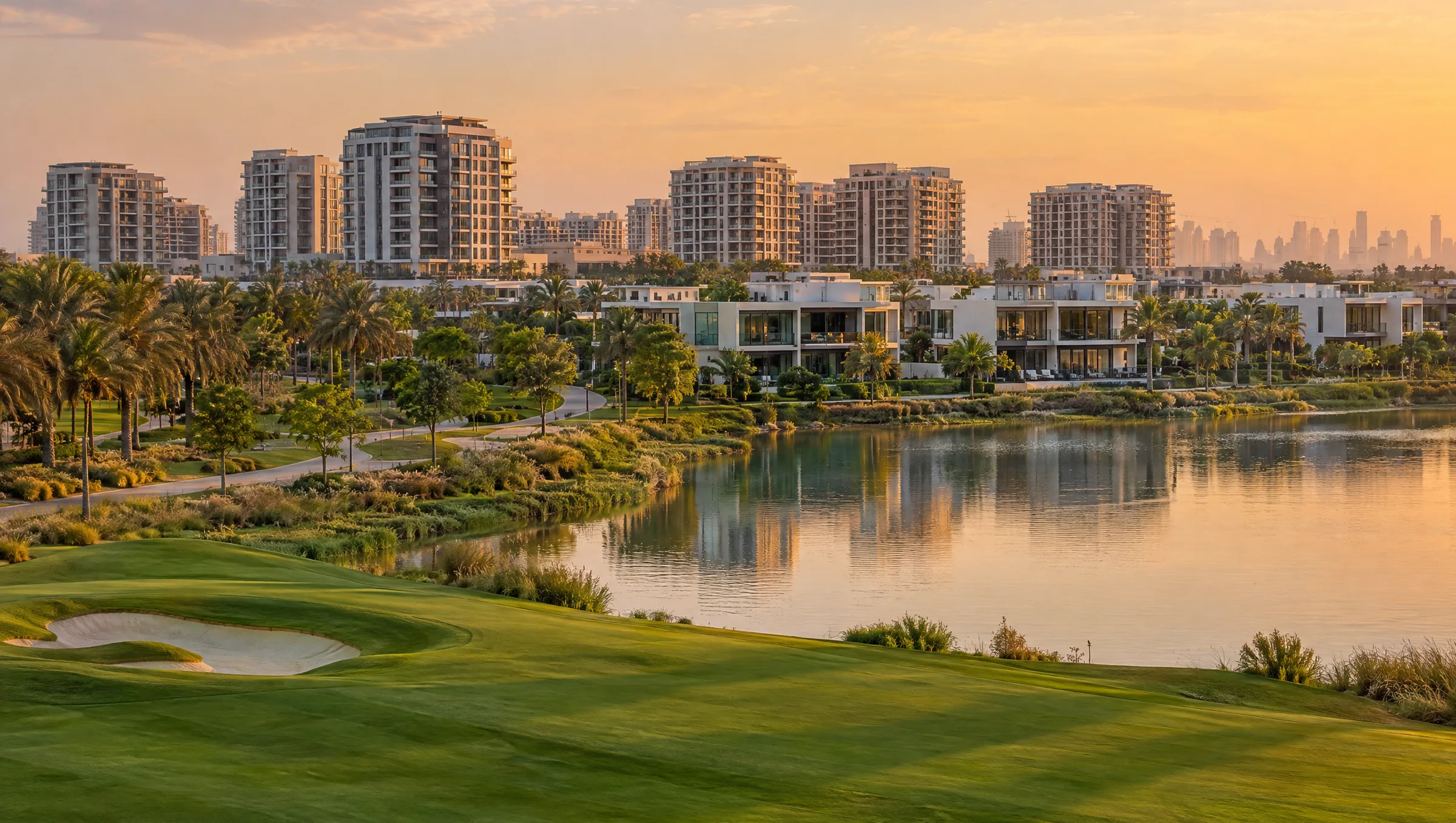 Dubai Hills Estate golf fairways, villas and the park with apartment towers behind at golden hour (illustration)