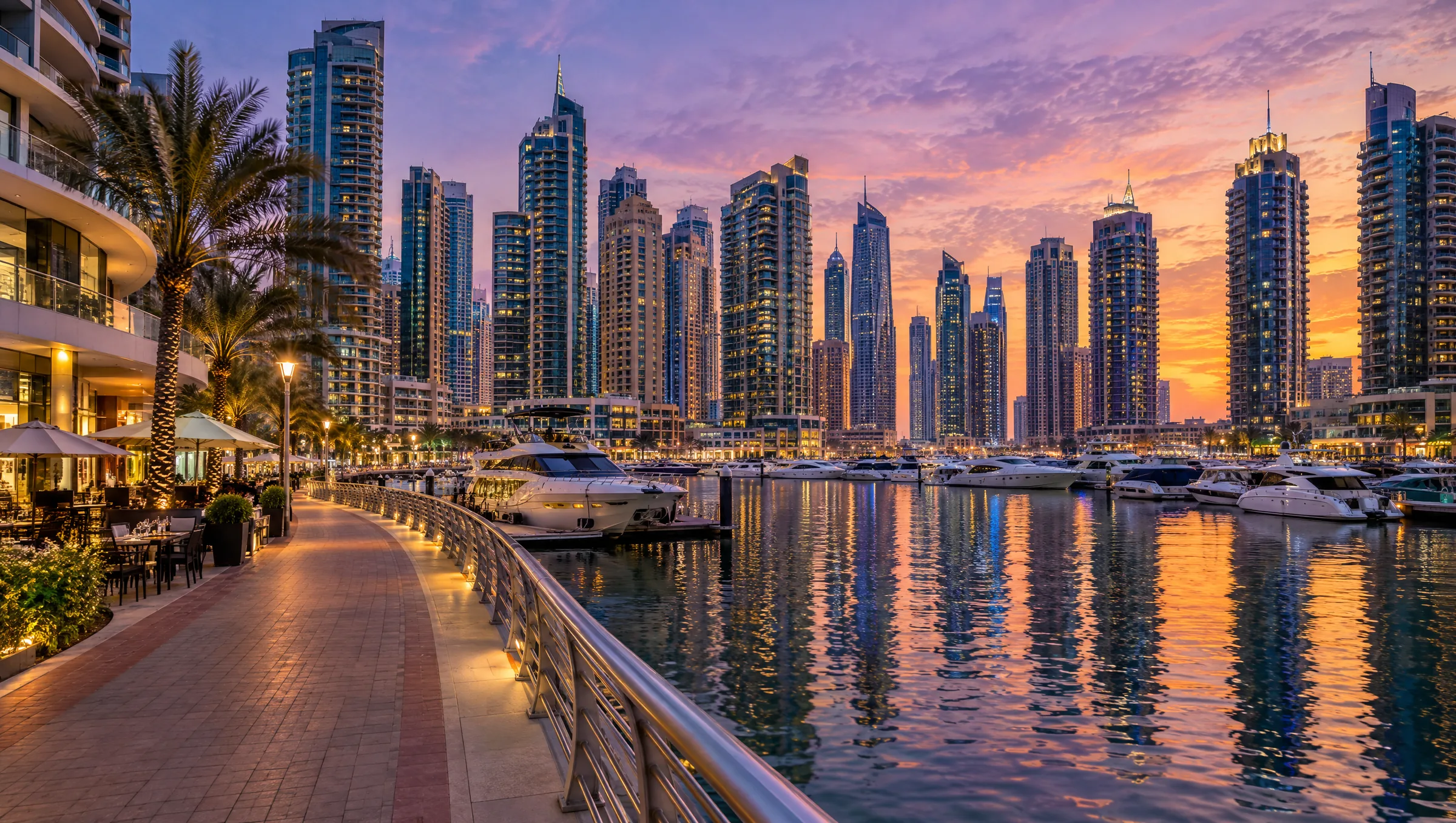Dubai Marina promenade, yachts and towers at dusk (illustration)