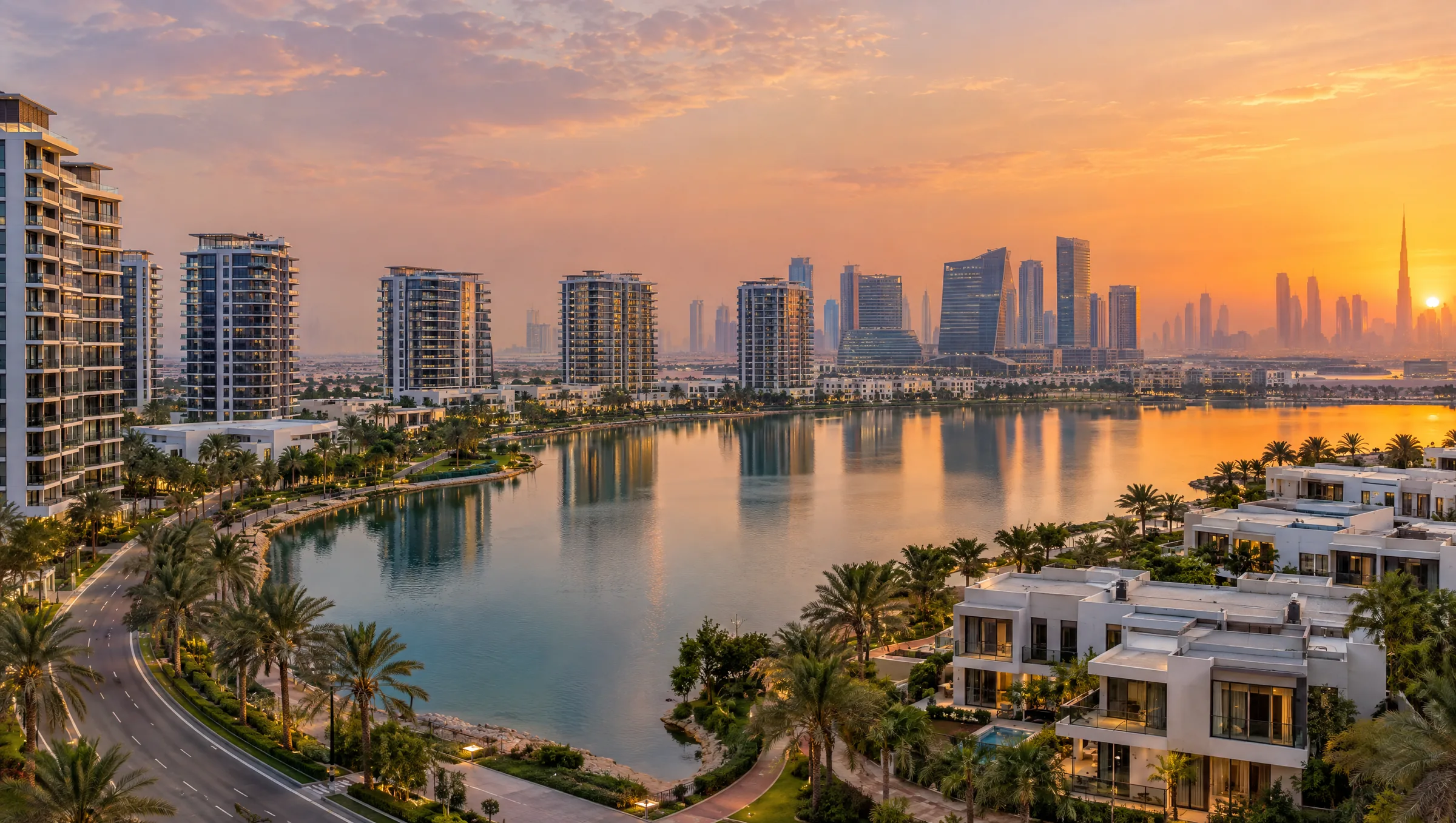 Dubai Silicon Oasis towers and low villas beside the lake at dusk (illustration)