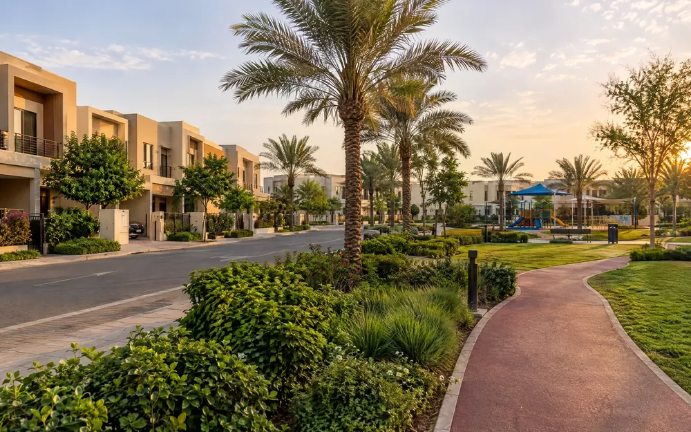 Townhouse street and park in Dubailand in late-afternoon light (illustration)