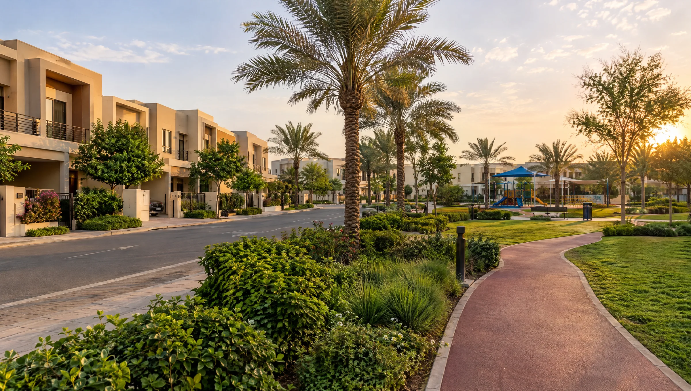 Townhouse street and park in Dubailand in late-afternoon light (illustration)