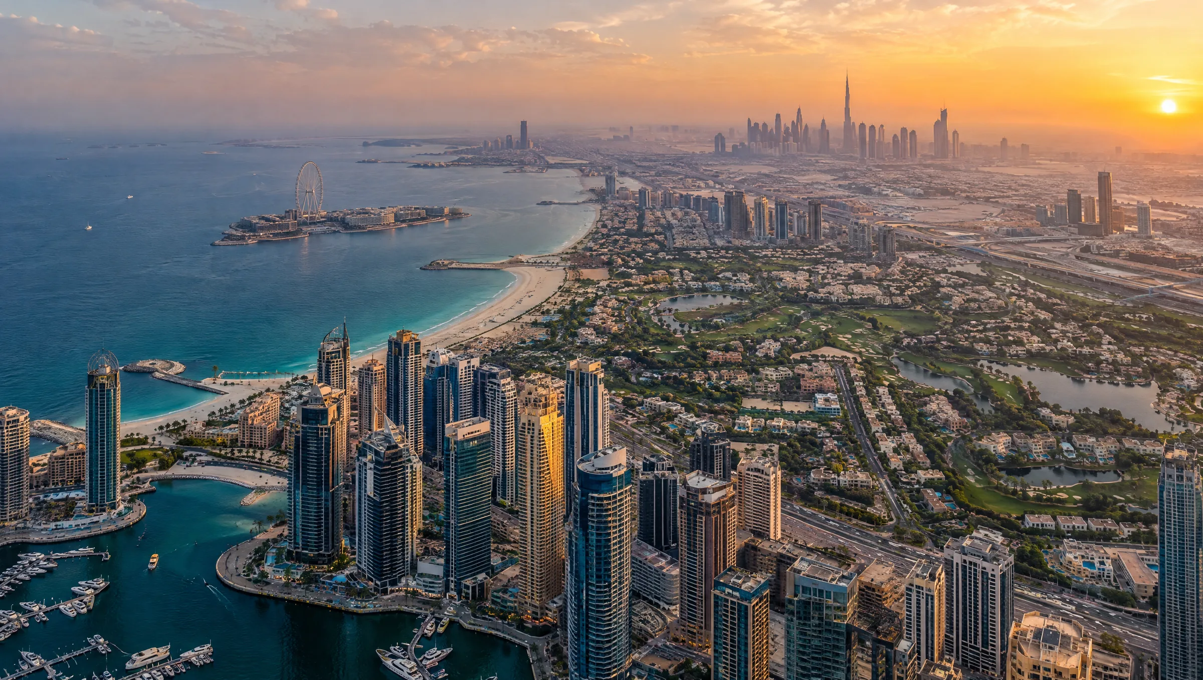Dubai coastline from above at sunset — Marina, beaches and villa communities (illustration)