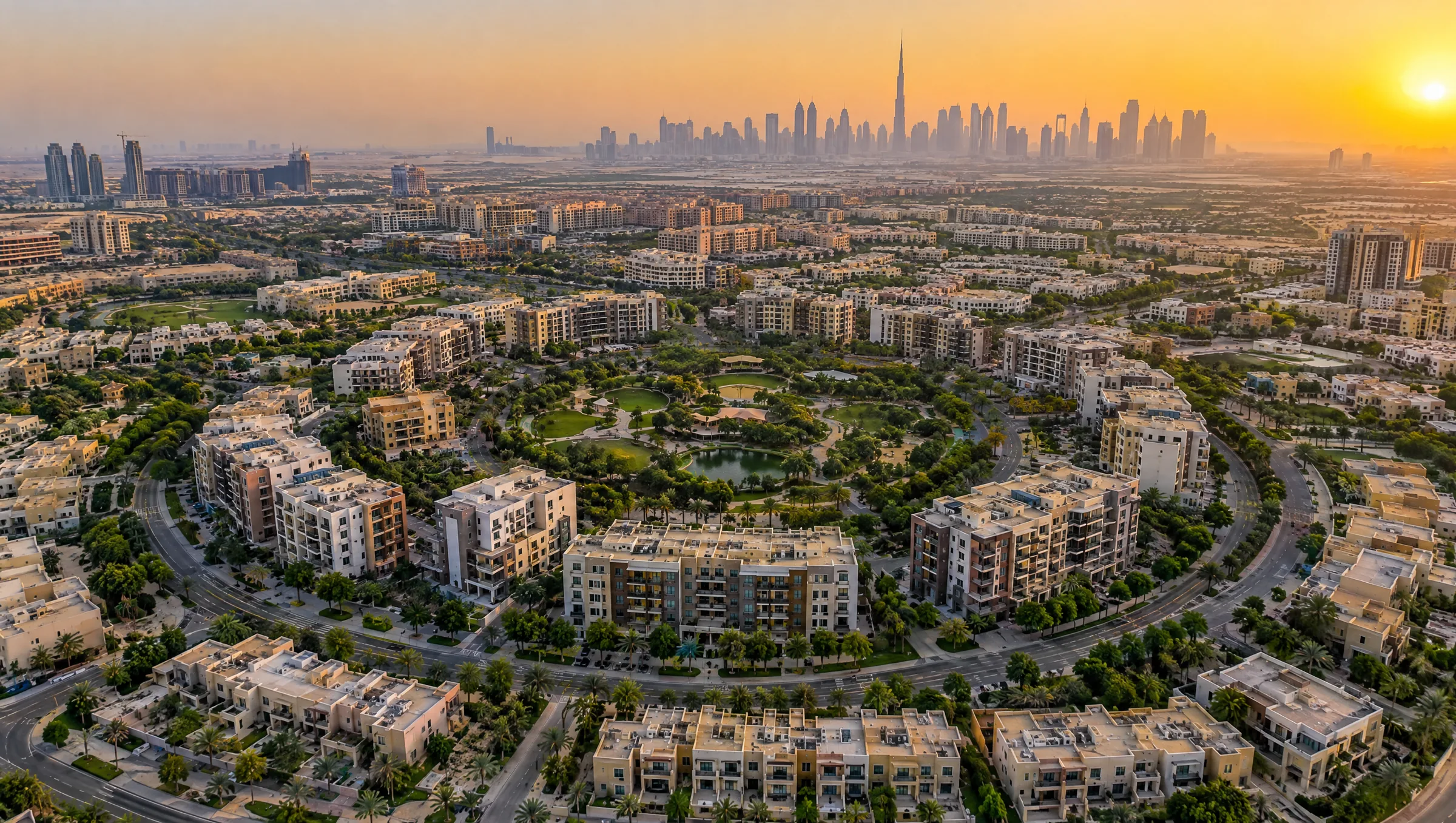 Jumeirah Village Circle from above at golden hour (illustration)