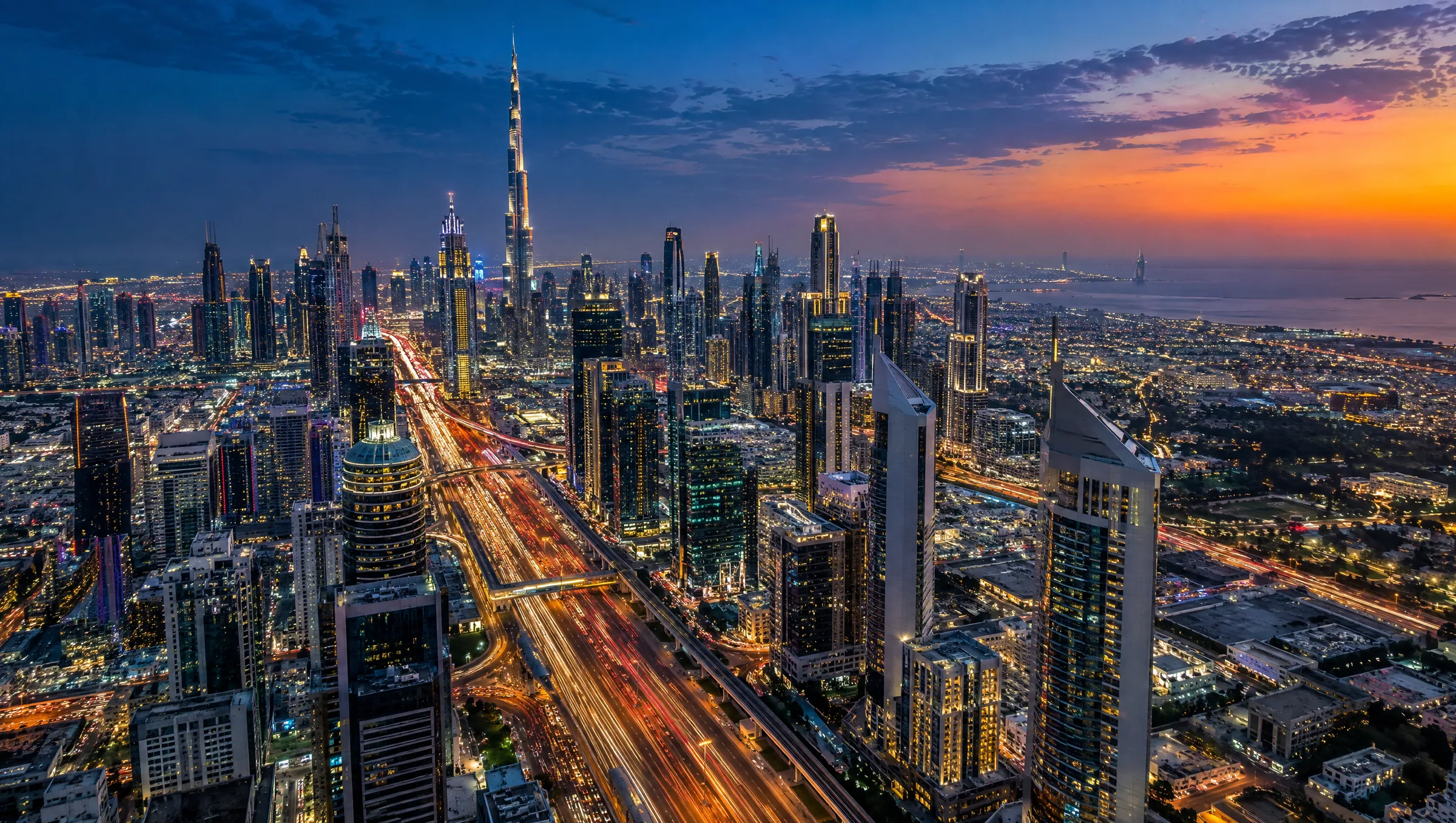 Dubai skyline and Sheikh Zayed Road at blue hour (illustration)