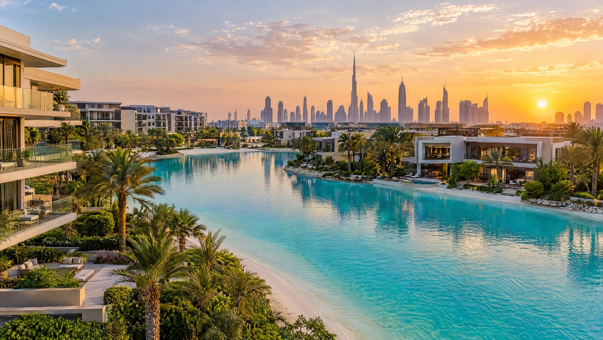 Lagoon-side residences in MBR City with the Downtown skyline behind (illustration)
