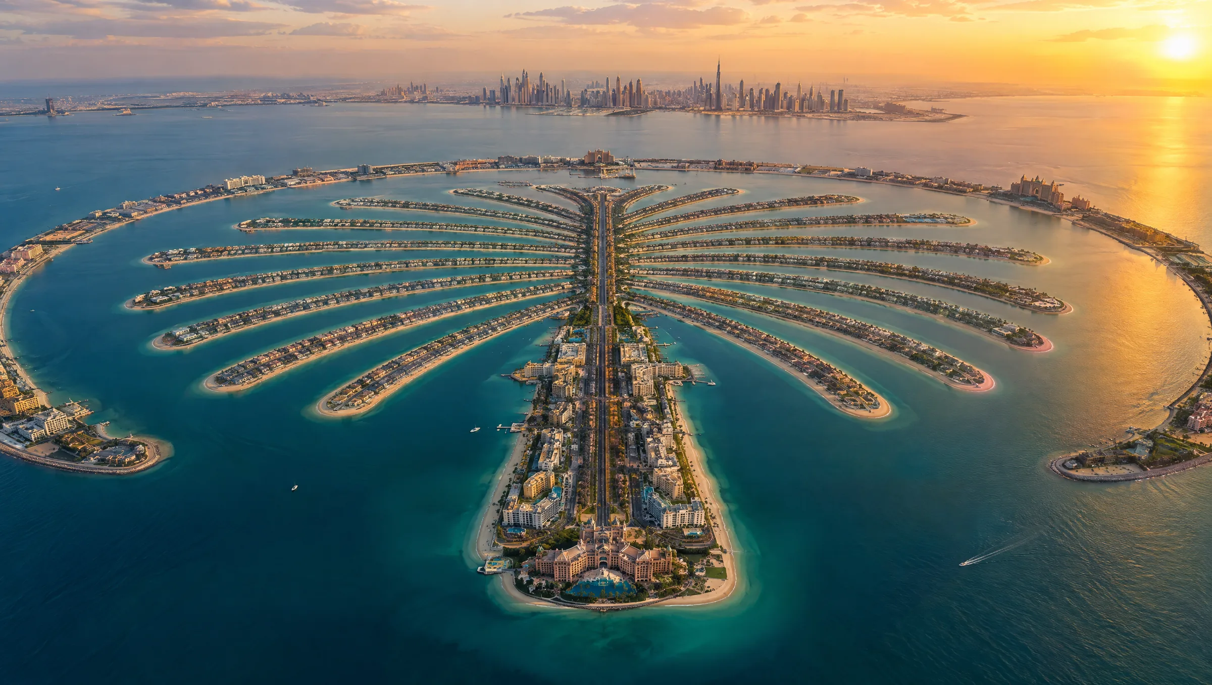 Palm Jumeirah’s fronds and crescent from above at golden hour (illustration)